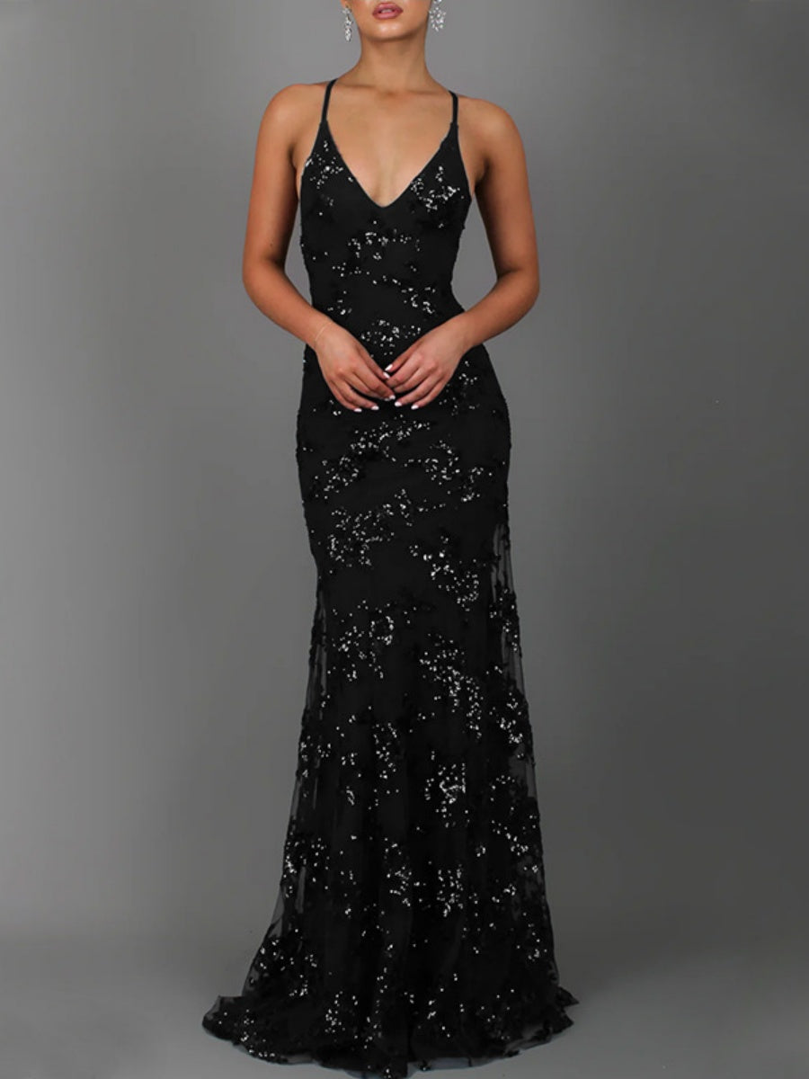Camisoles V-neck Backless Sequins Lace Up Formal Dress Dinner Maxi Dresses