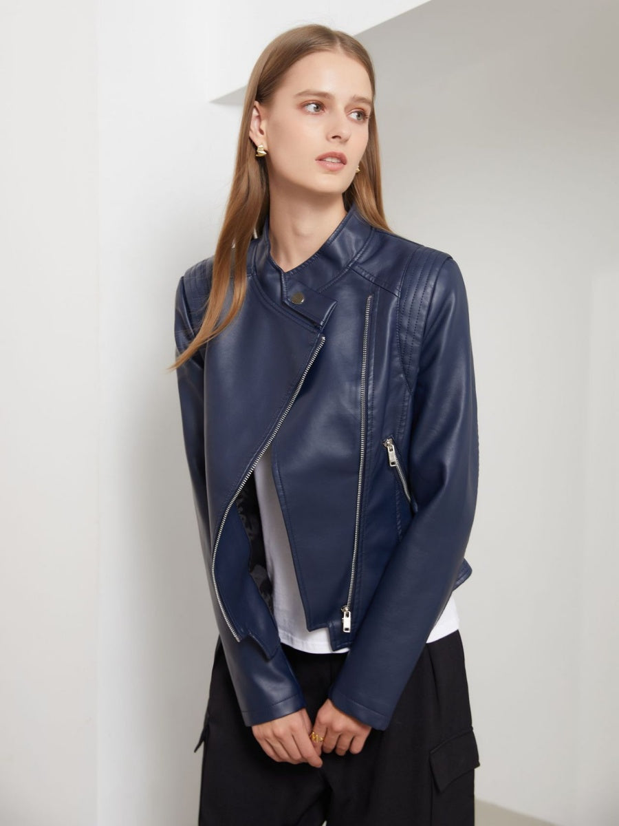 PU Leather Lapel Slim Fit Long Sleeve Short Jacket