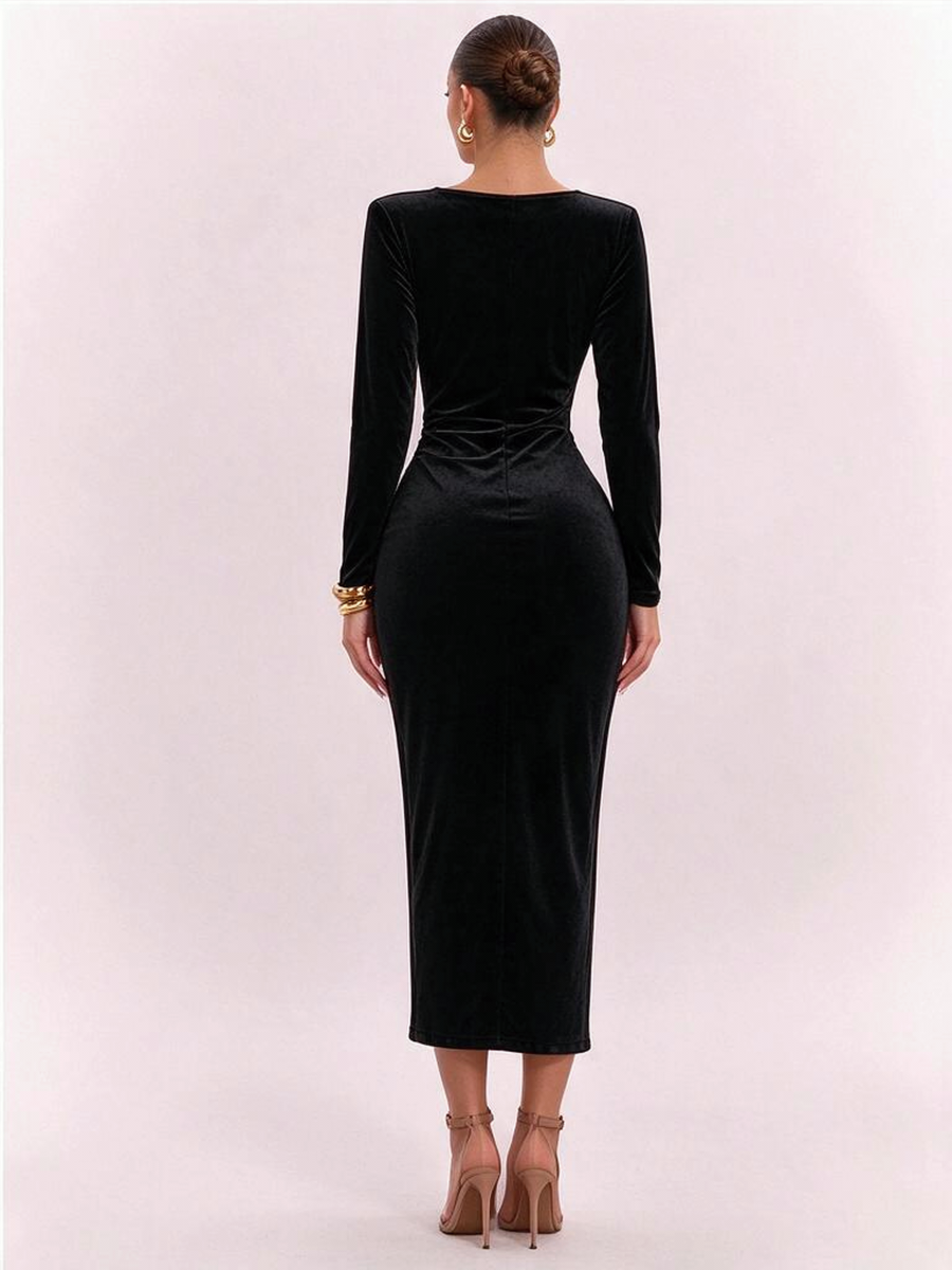 Goose Down V-neck Dress, Slim Fit, Pleated Patchwork, Irregular Skirt, Elegant Long Dress
