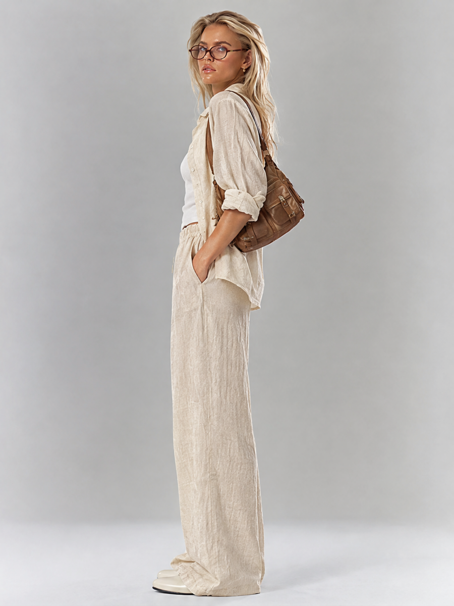 Solid Color Shirt And Trousers Set, Long-sleeved Shirt And Loose Trousers, Two-piece Set