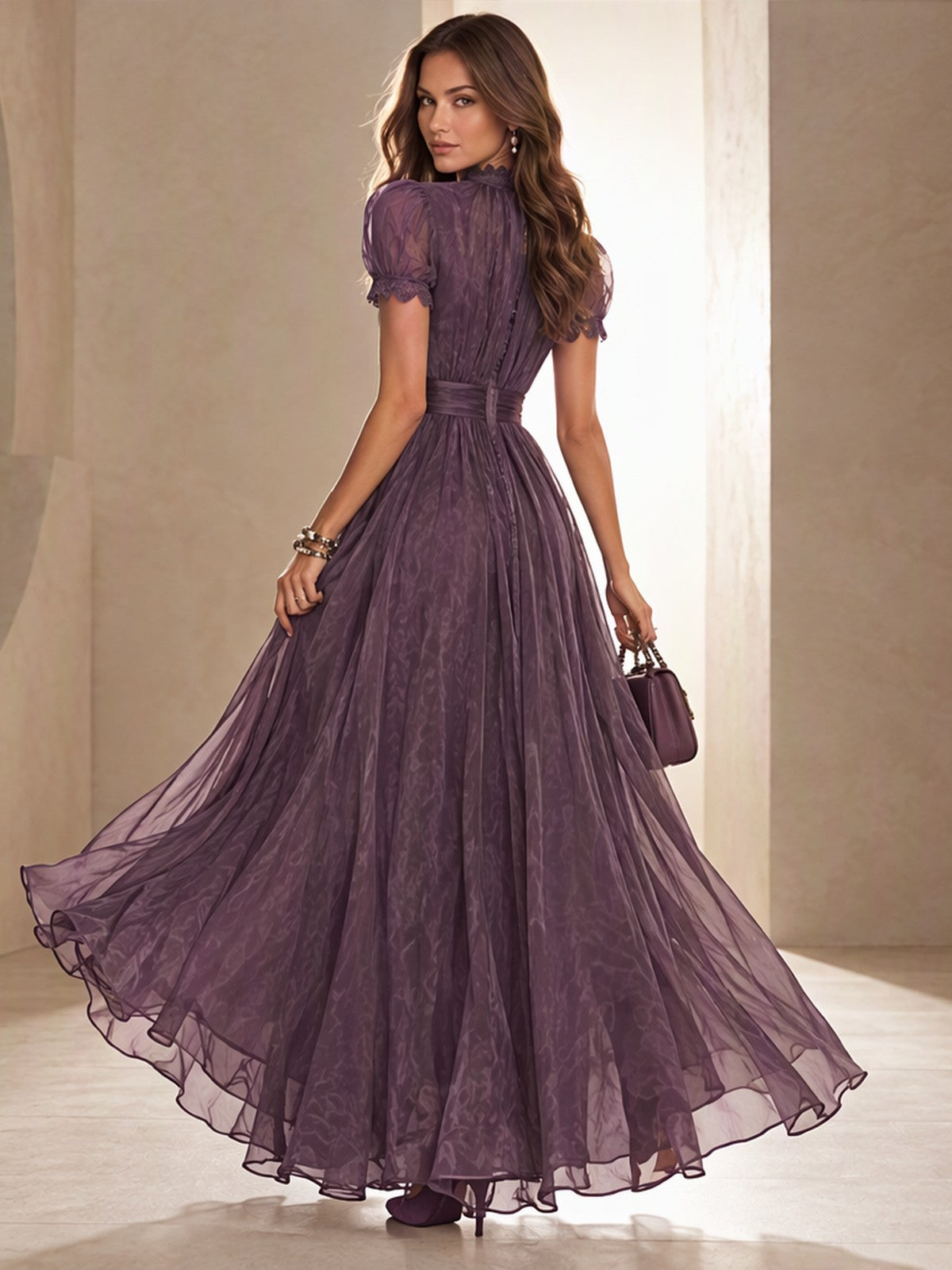 V-neck Waist Ruffle Chiffon Big Swing Maxi Dresses