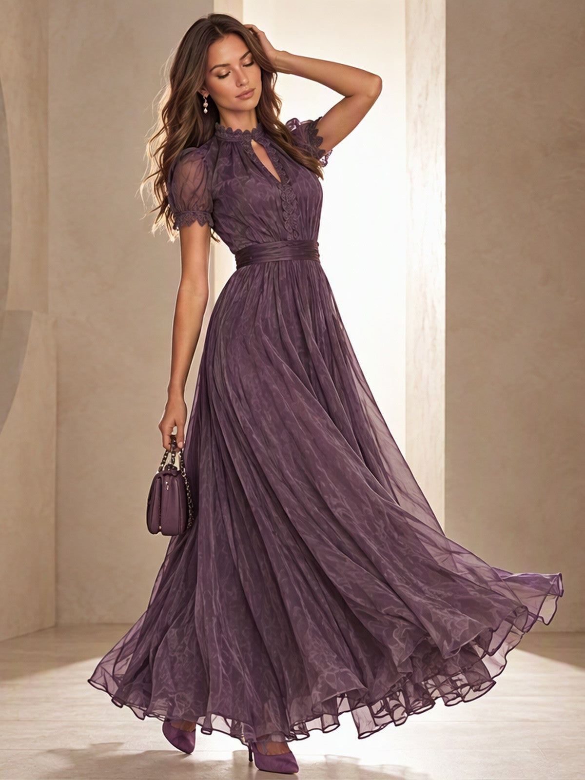 V-neck Waist Ruffle Chiffon Big Swing Maxi Dresses