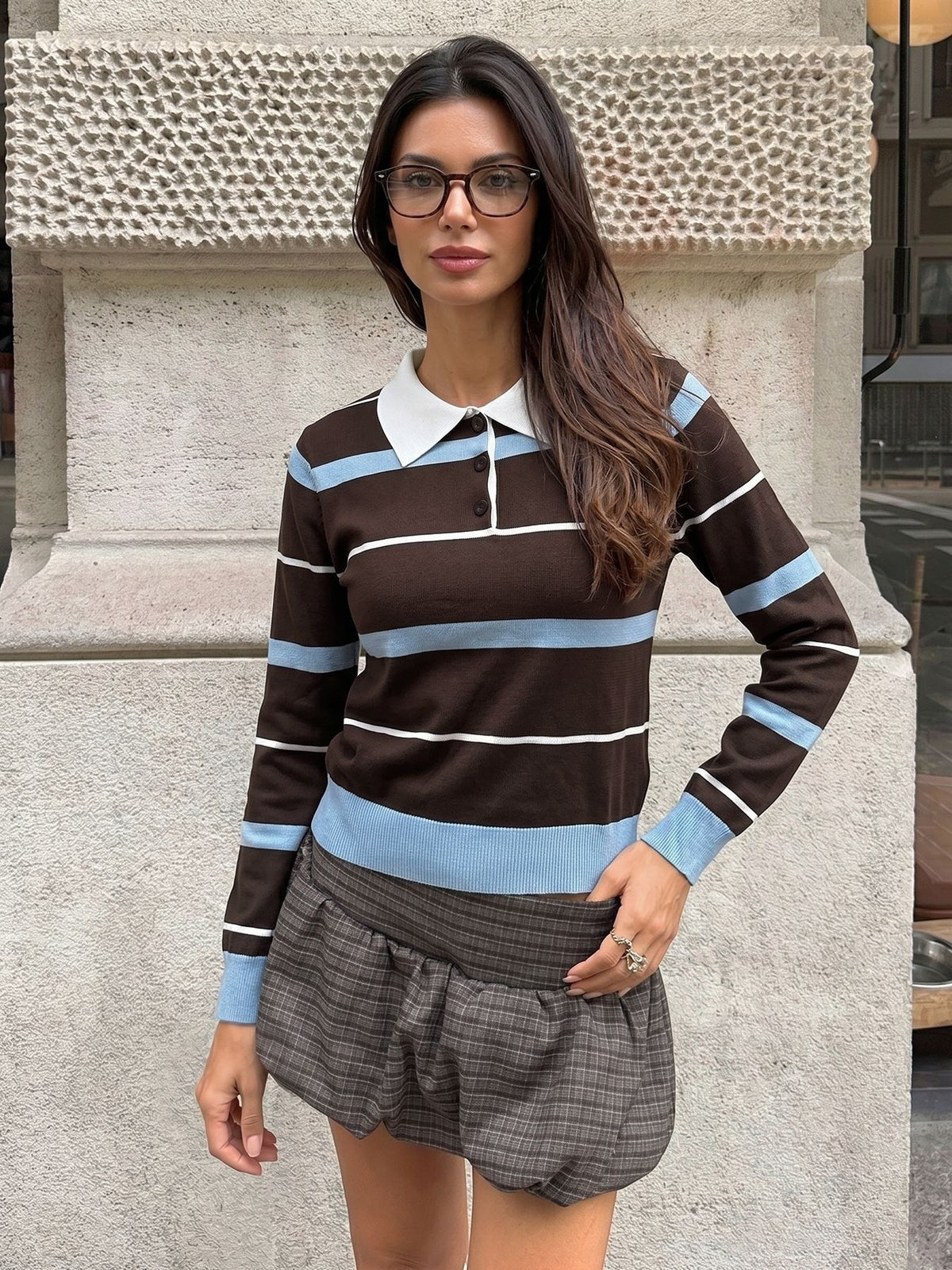 Preppy Style Striped Color-blocked Polo Collar Long-sleeved Fitted Sweater