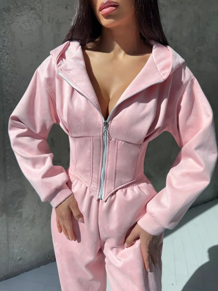 Liber Autumn women's clothing waist design Hooded Zippered solid color long-sleeved cardigan two-piece set