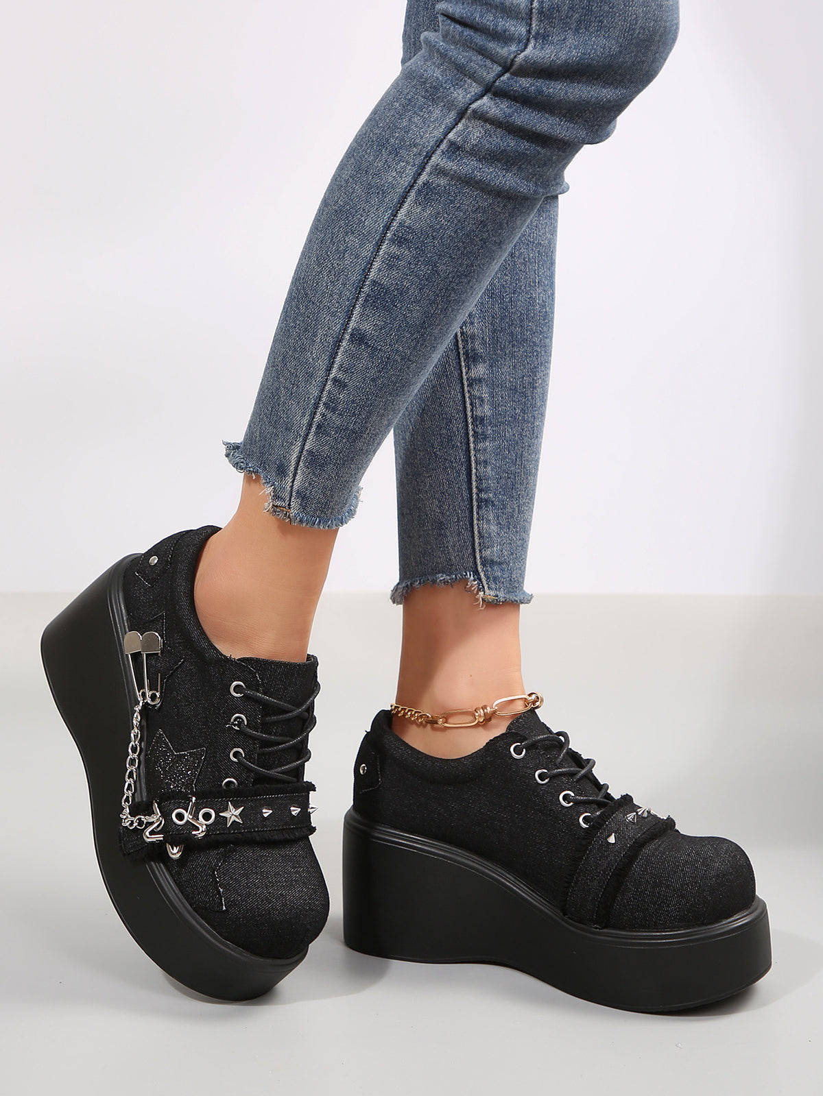 Denim Studded Wedge Platform Shoes