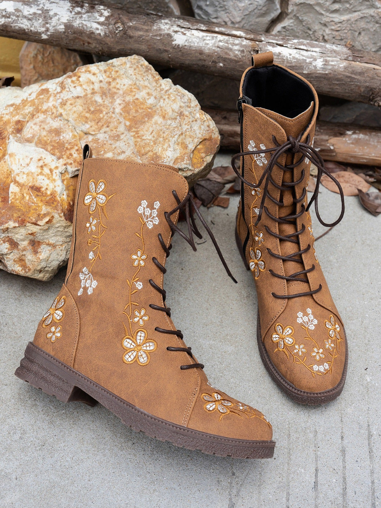 Floral Print Embroidered Women's Martin Boots