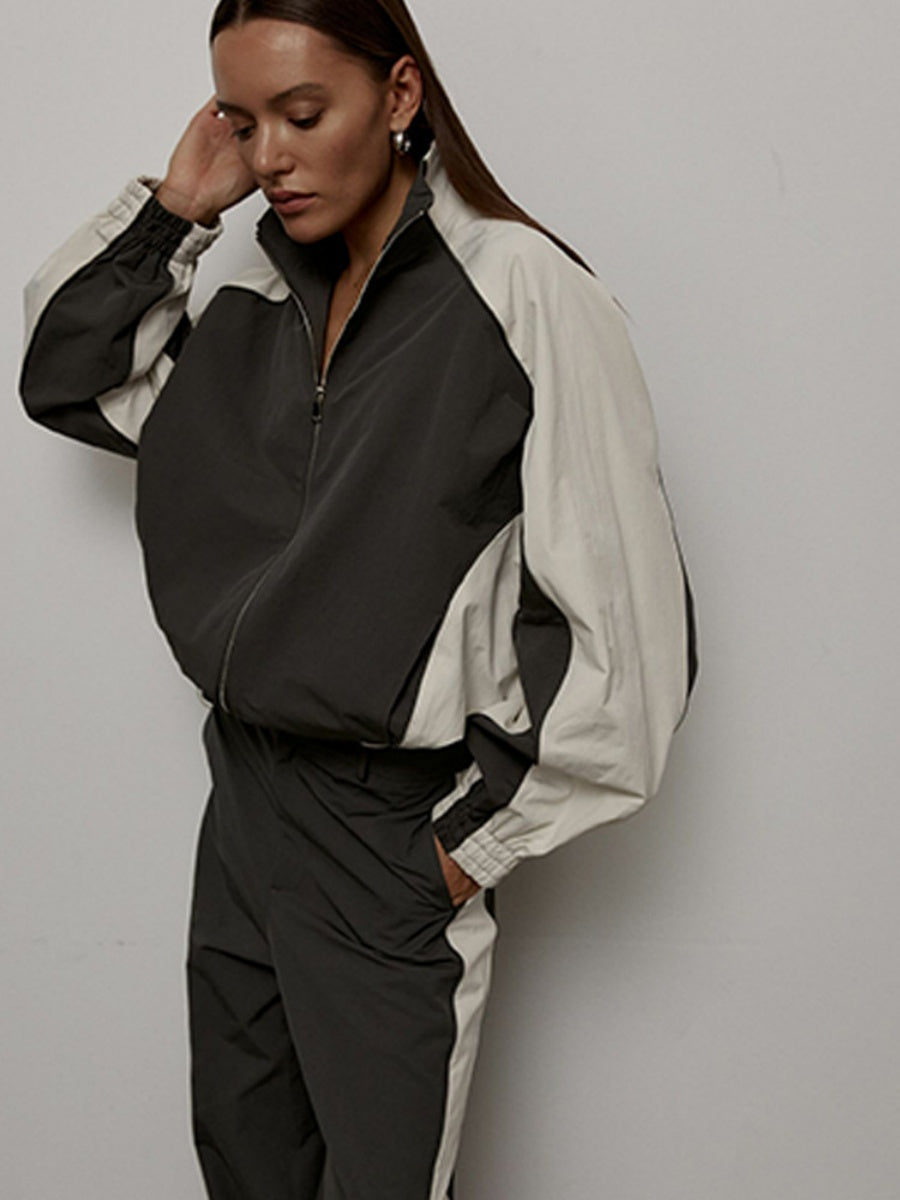 Liber Autumn women's drawstring clothing Colorblock long-sleeved two-piece jacket