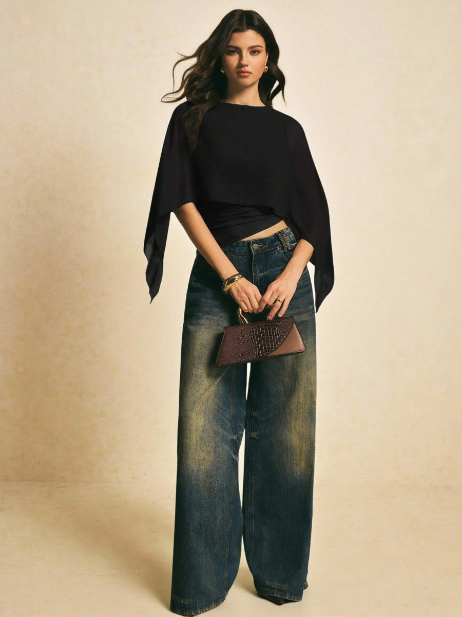 Cape-sleeve T-shirt, Round Neck, Loose Chiffon Cover-up, Elegant Irregular Top/T-shirt