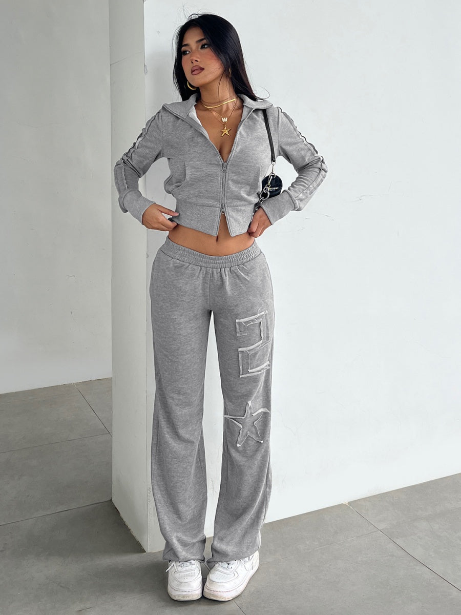 Grey Leisure Long Sleeve Crew Neck Patchwork Fabric Letter Sports 2-piece Sets