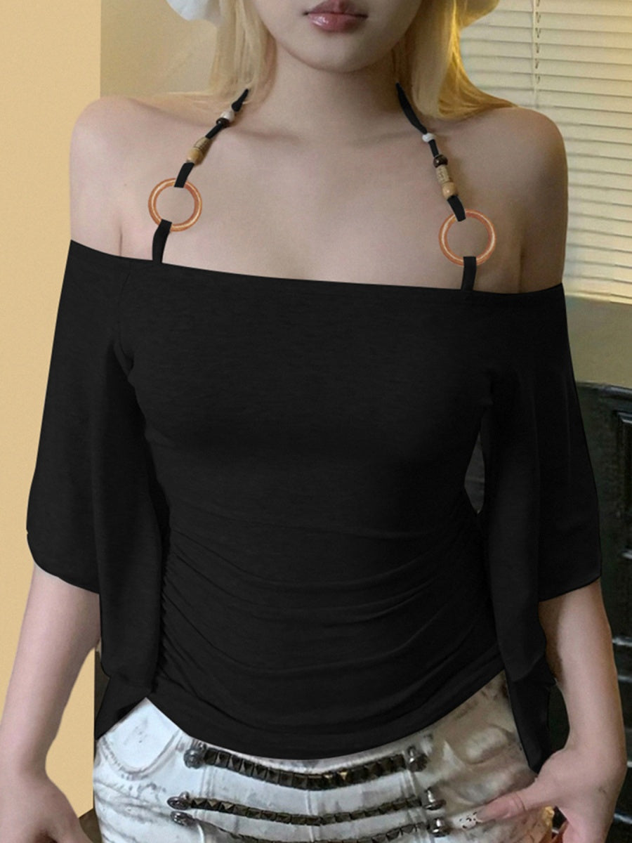 Off-the-shoulder Bell sleeves Cinched waist Halter neck top T-shirts