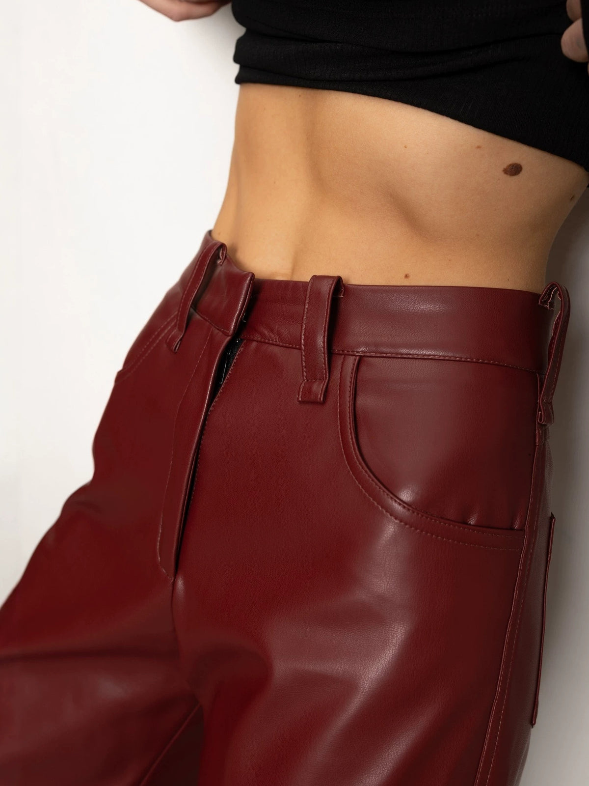 High-waisted Slim-fit Straight-leg PU Leather Pants