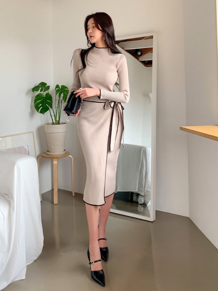 Autumn/Winter Retro Niche High-Neck Slim Fit Elegant Color Block Mid-Length Tie-Waist Knit Dress