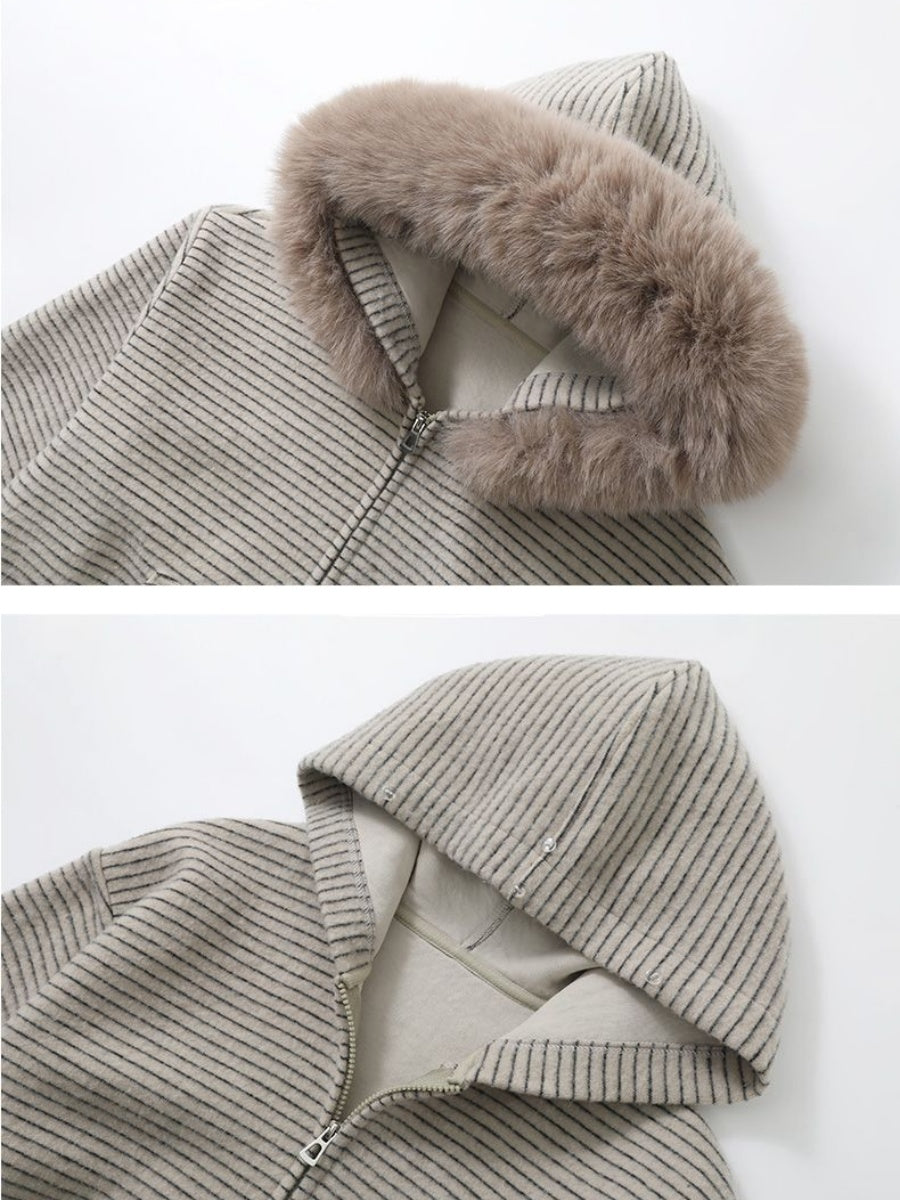 Hooded Zipper Stripes Detachable Large Fur Collar Retro Casual Cardigan