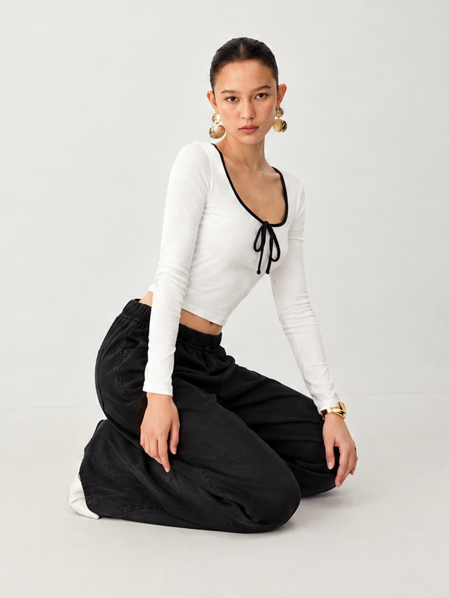 Sweet Tie-up Bow Patchwork T-shirt Pants Sports Leisure Set 2-piece Sets