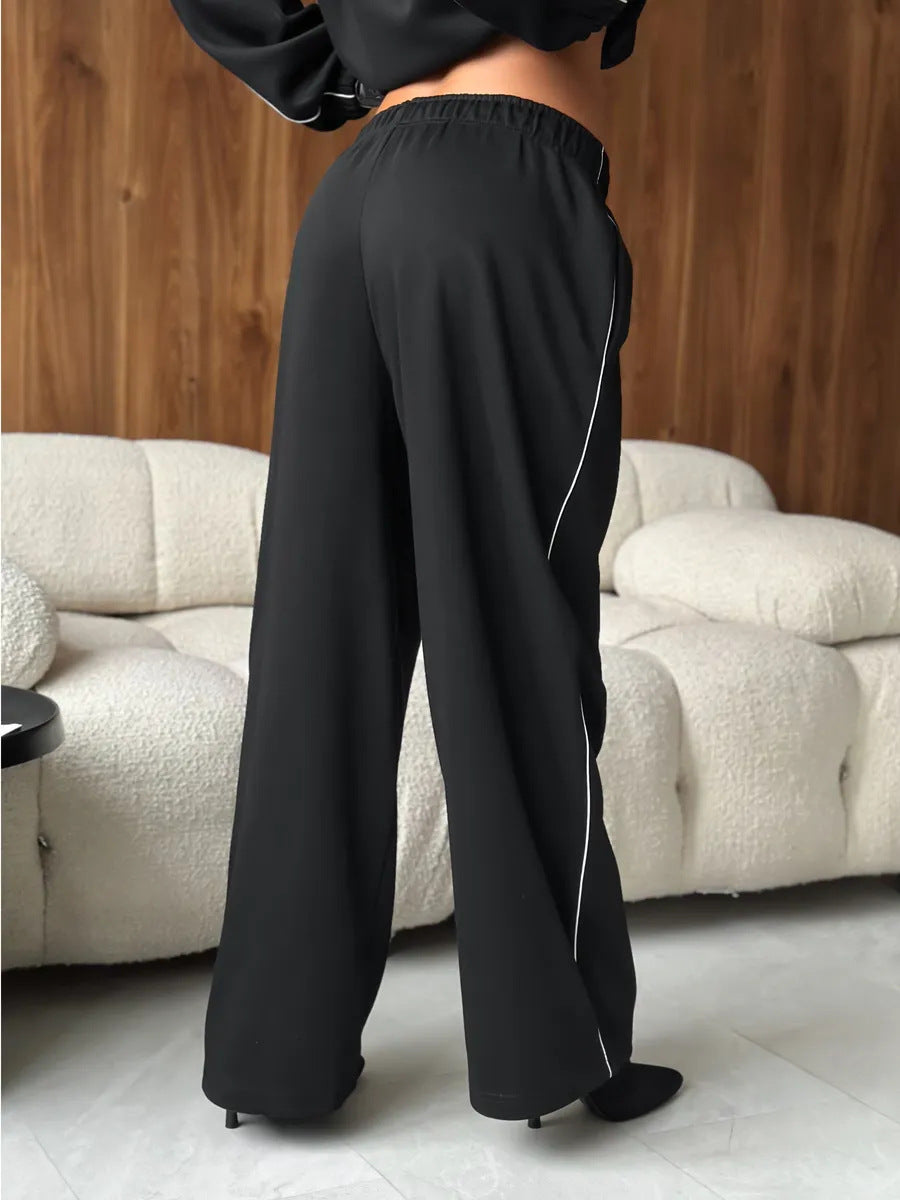 American Retro Color-blocked Striped Tracksuit For Women Two-piece Set: Collared Half-zip Sweatshirt And High-waisted Wide-leg Sweatpants