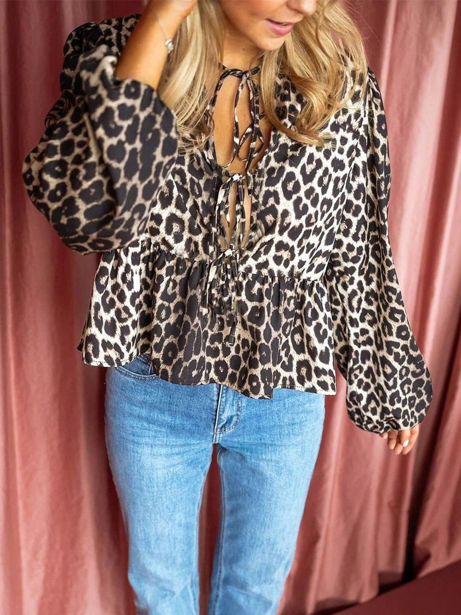 Leopard Long Sleeve Loose Lace Up Shirts