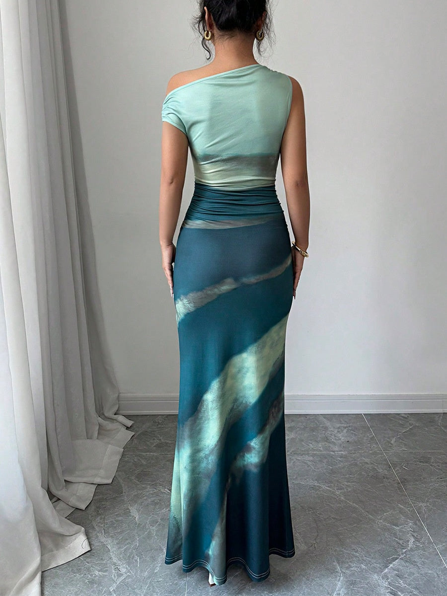 Sleeveless Sloping Shoulders Gradient Print Slim Fit Maxi Dresses