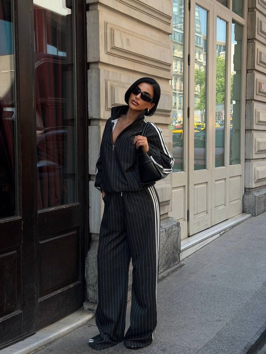 Women's Vertical Striped Three-Stripe Tracksuit Stand-up Collar Zip-up Jacket And High-waisted Wide-leg Trousers Two-piece Set