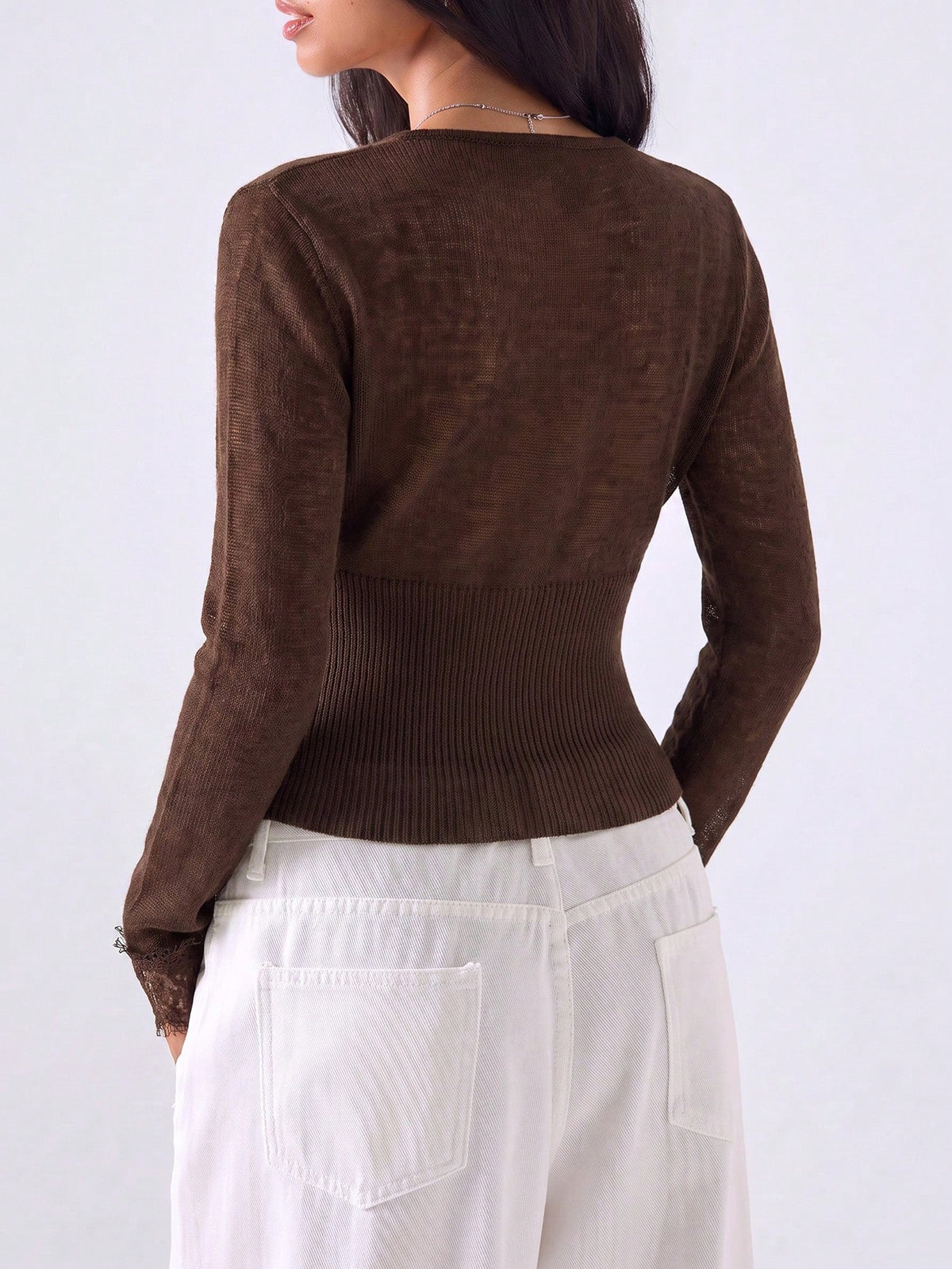 Lace Knitwear Slim-fit V-neck Solid Color Blouse&Shirts