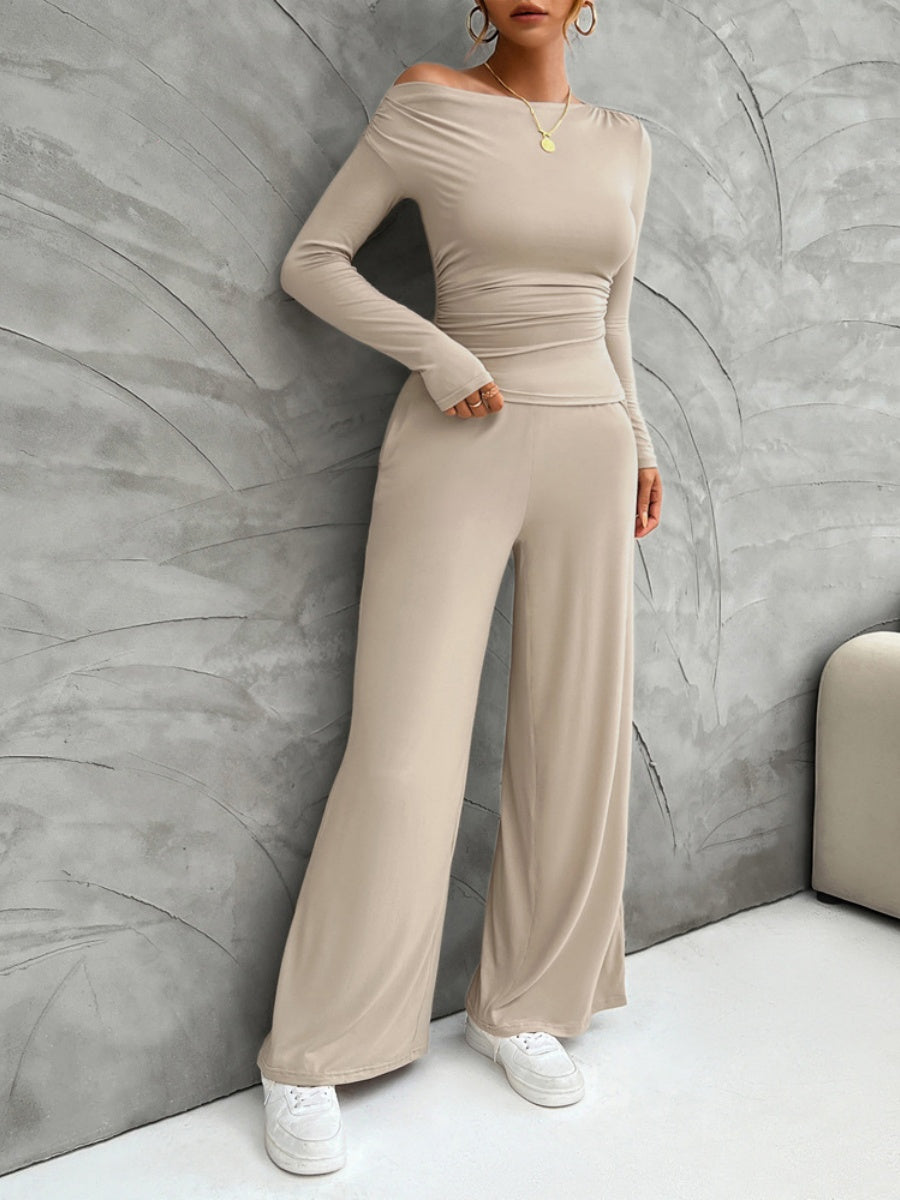Leisure Pleated Solid Color Long Sleeve 2-piece Sets