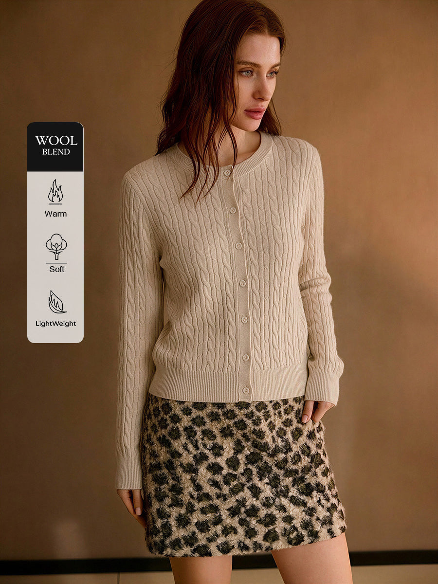 Wool Blend Cable Knit Crew Neck Single-breasted Cardigan
