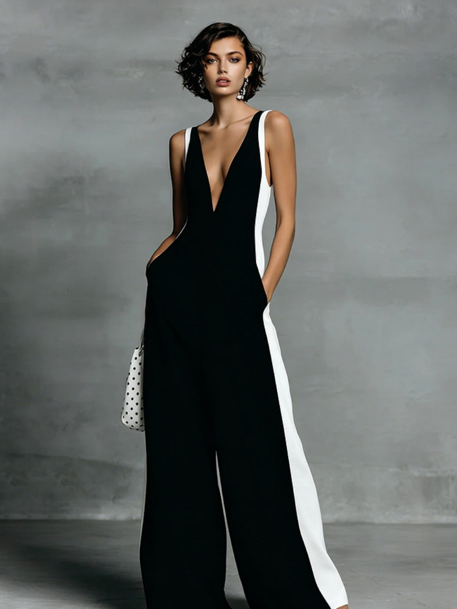 Black And White Cotton Linen Color-blocked Spaghetti Strap Jumpsuit