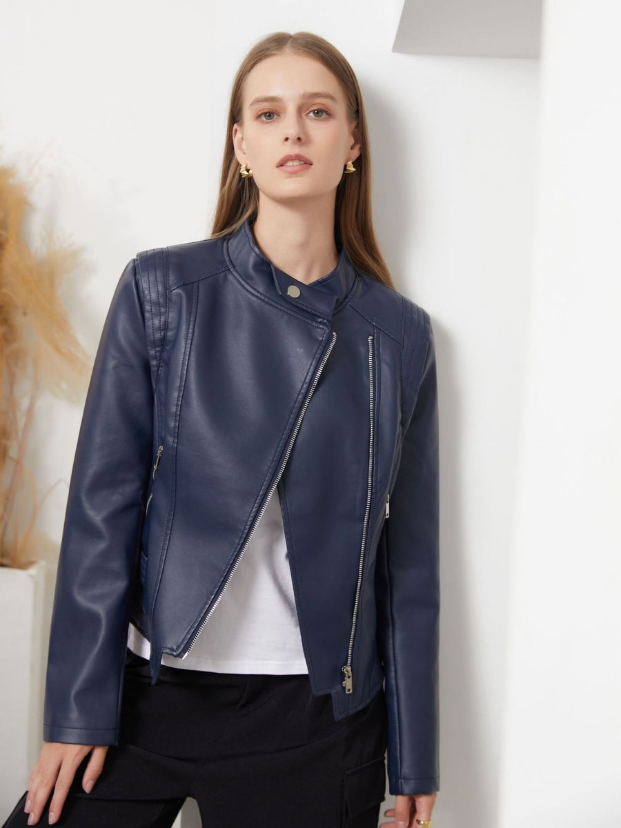 PU Leather Lapel Slim Fit Long Sleeve Short Jacket