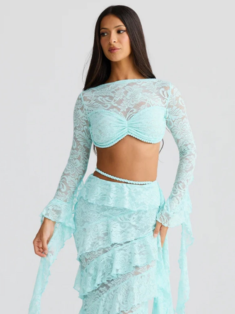Lace Round Neck Long-sleeved Bell Sleeve Top And Layered Ribbon Skirt Two-piece Set