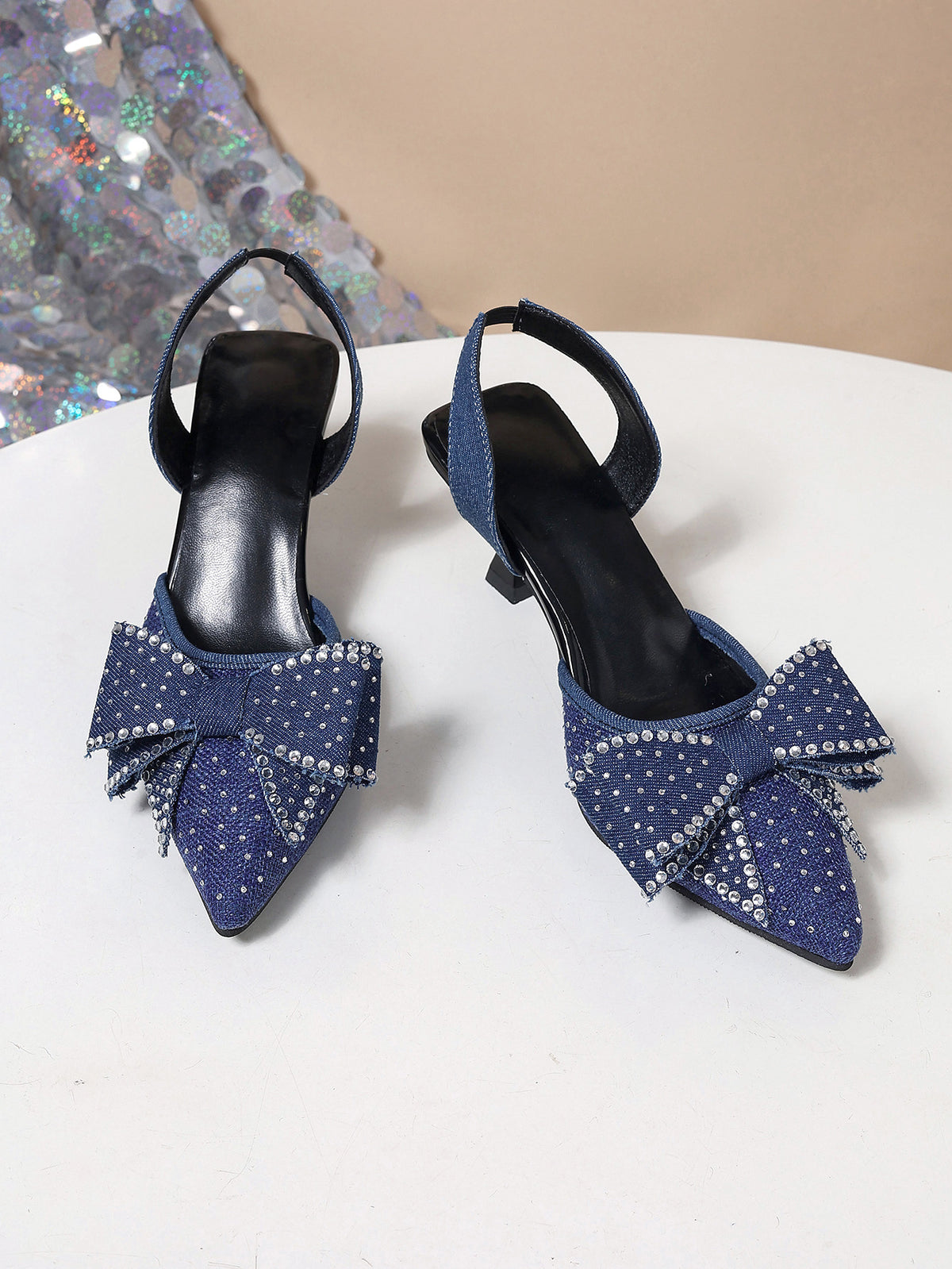 Rhinestone Pointed Bow Backless High Heels