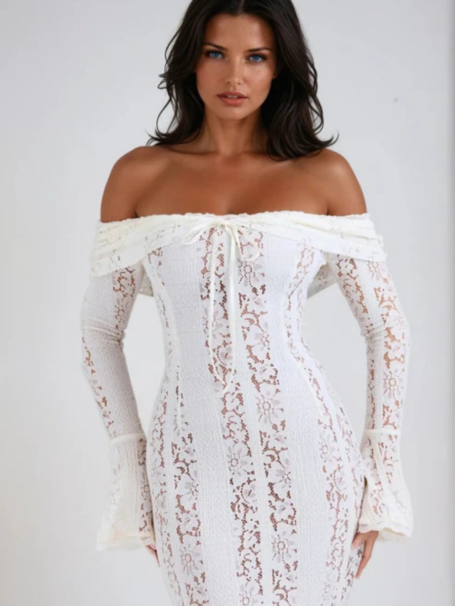Lace Hollow Off Shoulder Flared Sleeves Hip-hugging Maxi Dresses
