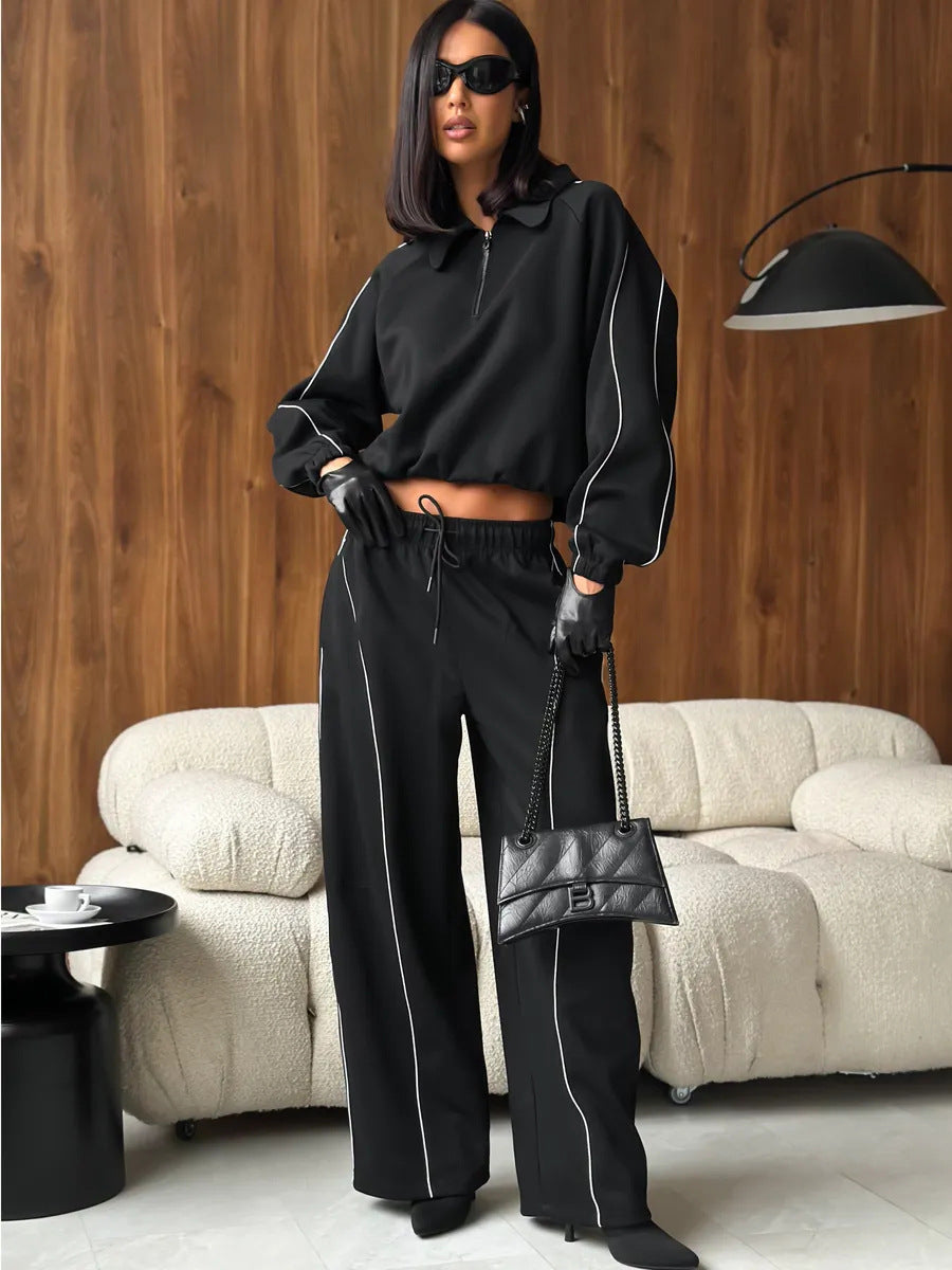 American Retro Color-blocked Striped Tracksuit For Women Two-piece Set: Collared Half-zip Sweatshirt And High-waisted Wide-leg Sweatpants