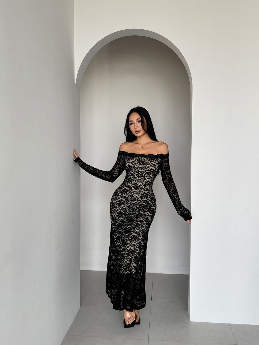 Off-the-shoulder Lace Long Sleeves Off Shoulder Slim And Sexy Grace Dinner Party Long Dress