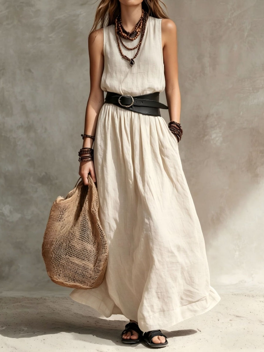 Slim-fitting, Long Sleeveless Dress With A Lapel Collar