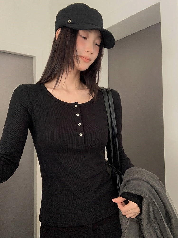 Korean Style Henley Collar Top With Straight Shoulders