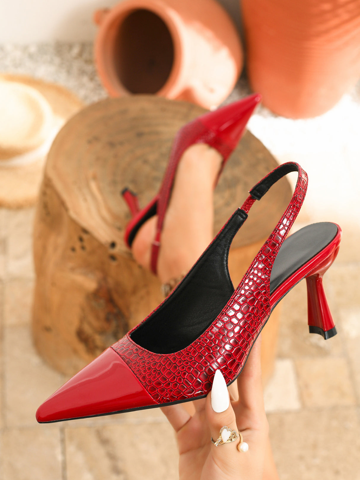 Pointed-toe Embossed Patchwork Open-back High Heels