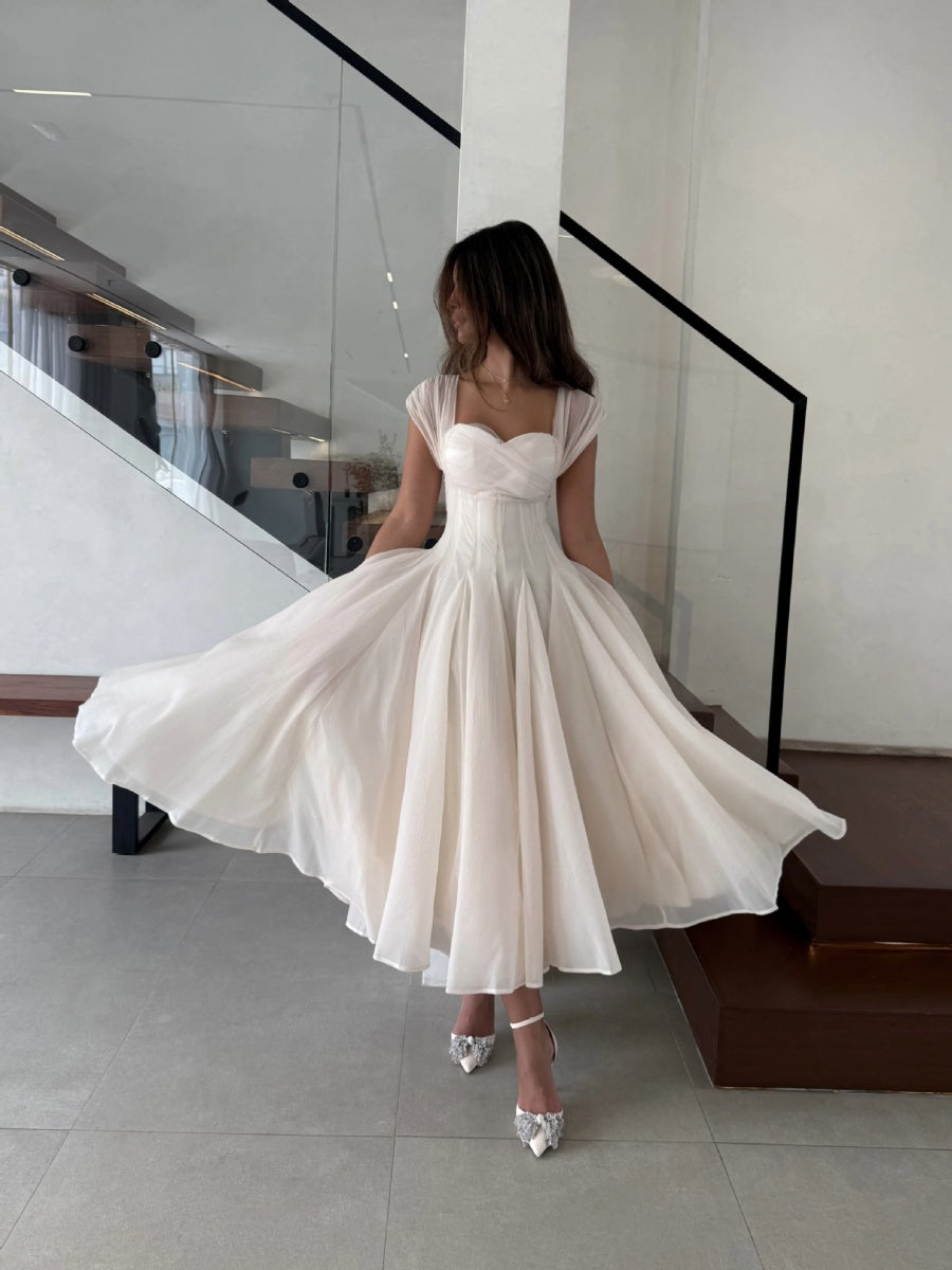 Mesh Splicing Waist Big Swing Midi Dresses