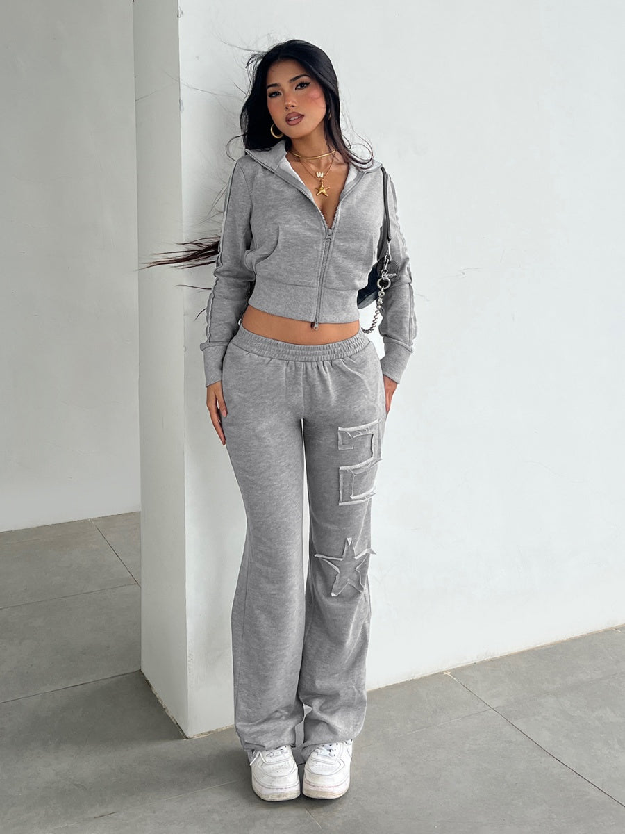 Grey Leisure Long Sleeve Crew Neck Patchwork Fabric Letter Sports 2-piece Sets