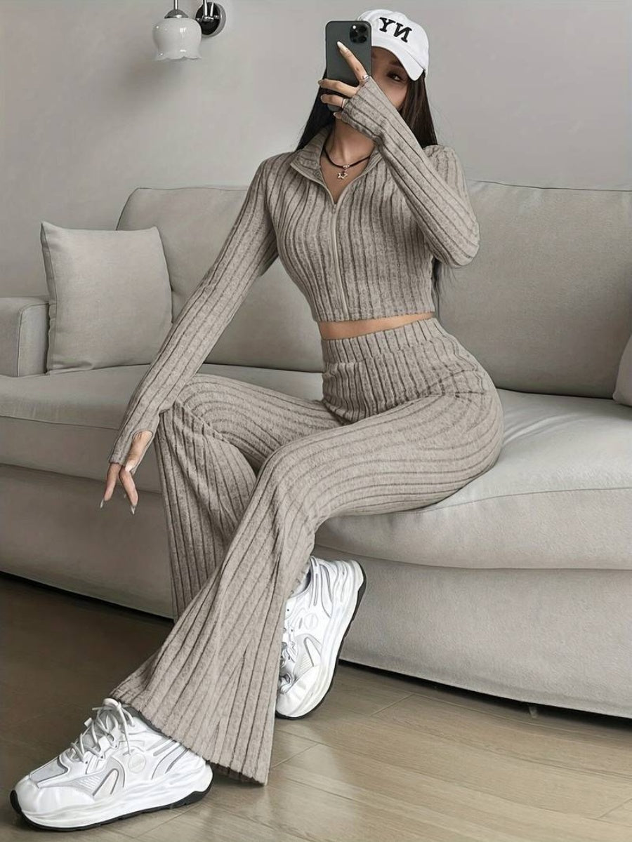Leisure Long Sleeve Zipper Solid Color 2-piece Sets