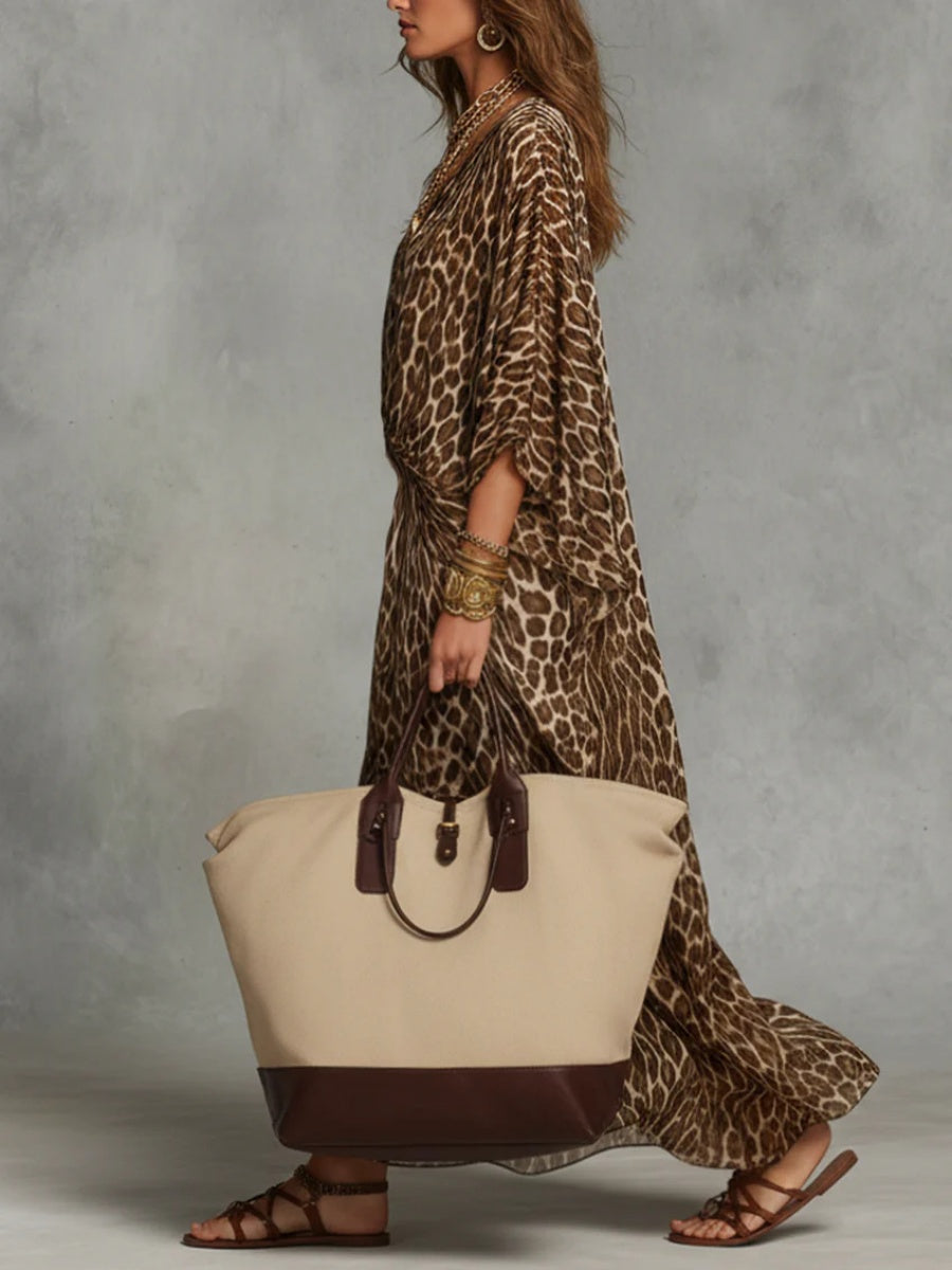 Leopard Print V-neck Fitted Waist Long Dress