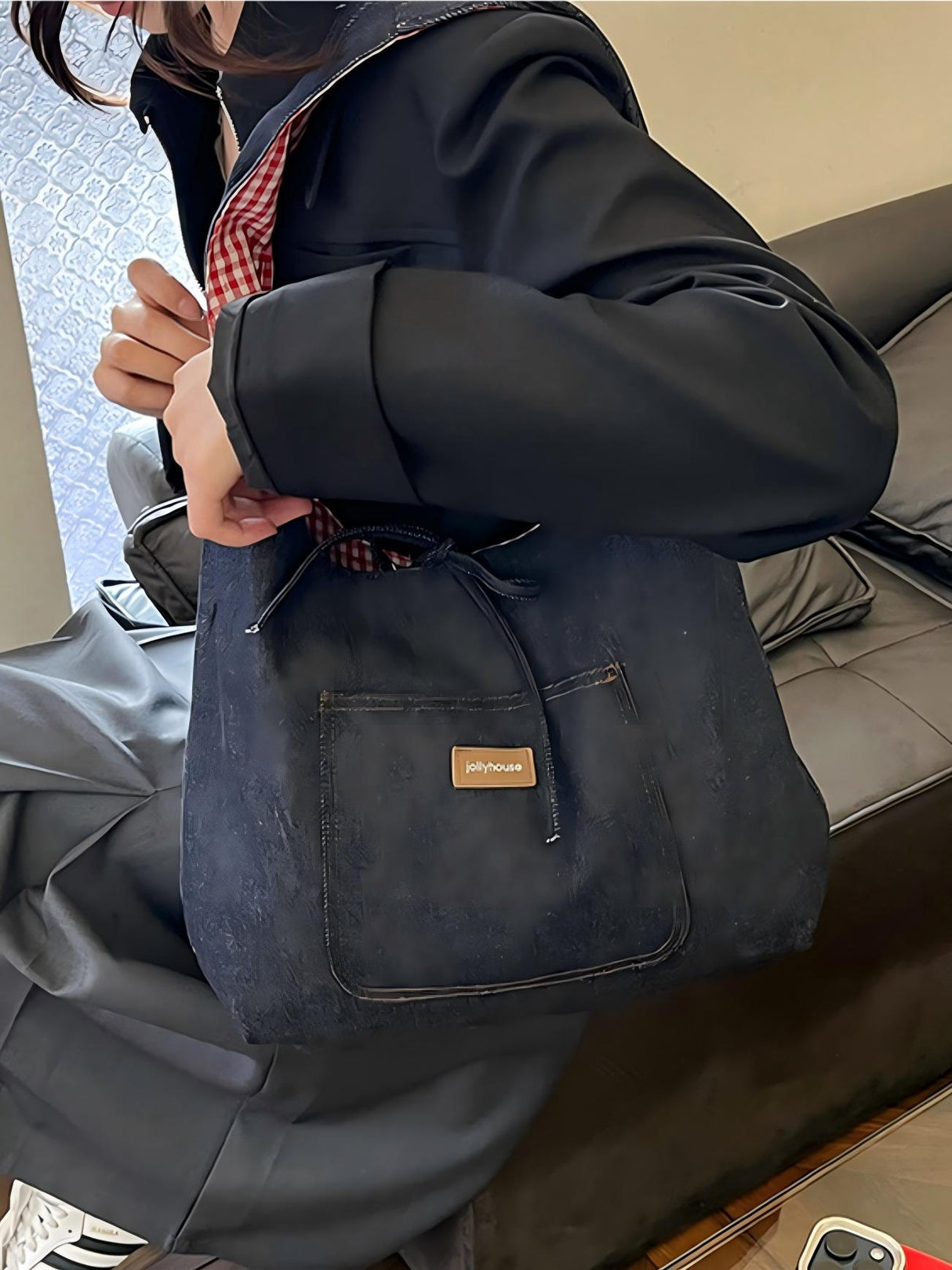 Denim Plaid Reversible Versatile Commuter Shoulder Bag