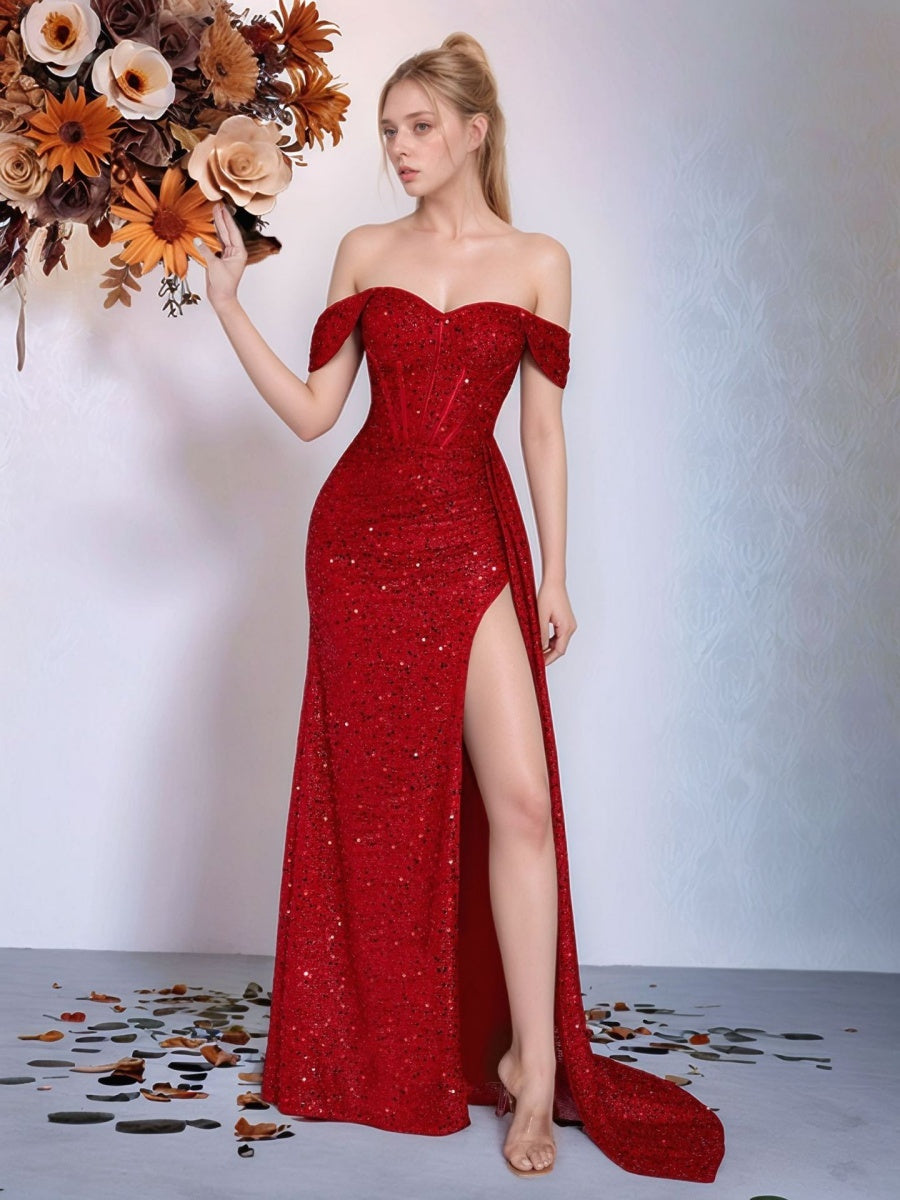 Sequined Strapless Sexy Banquet Dress With Slit, Long And Fitted