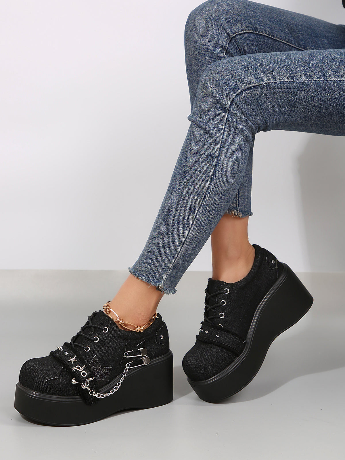 Denim Studded Wedge Platform Shoes