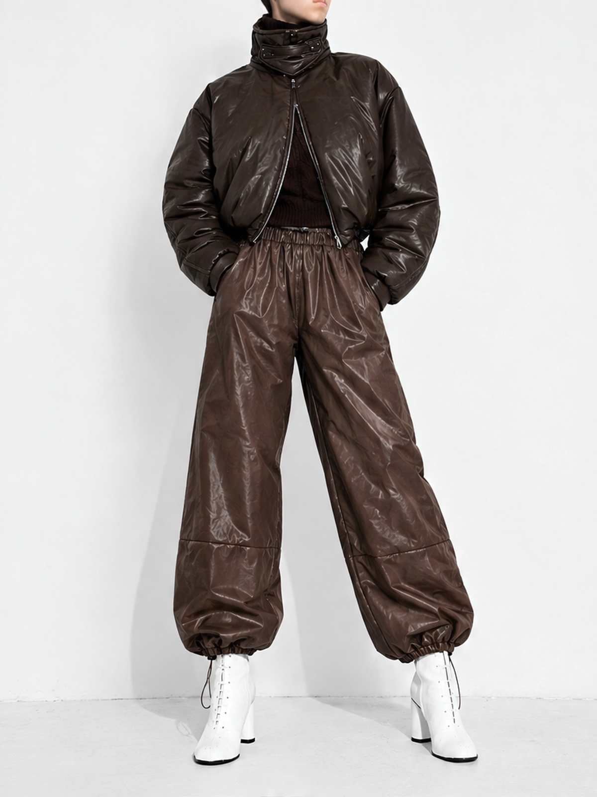 Drawstring Ankle Lantern Pants Loose Leather Pants PU Leather Trousers
