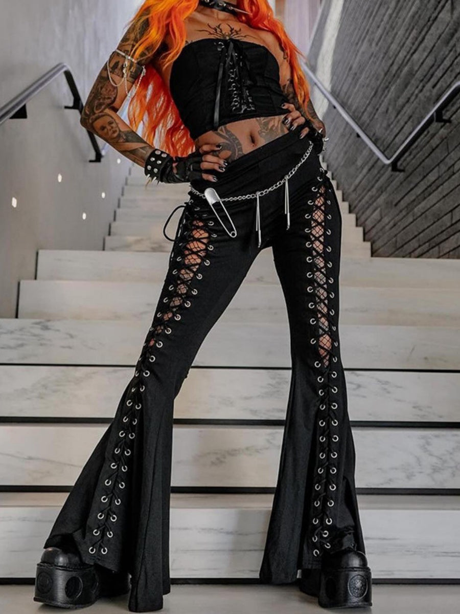 Metal Bandage Hollow Black Slightly Flared Pants