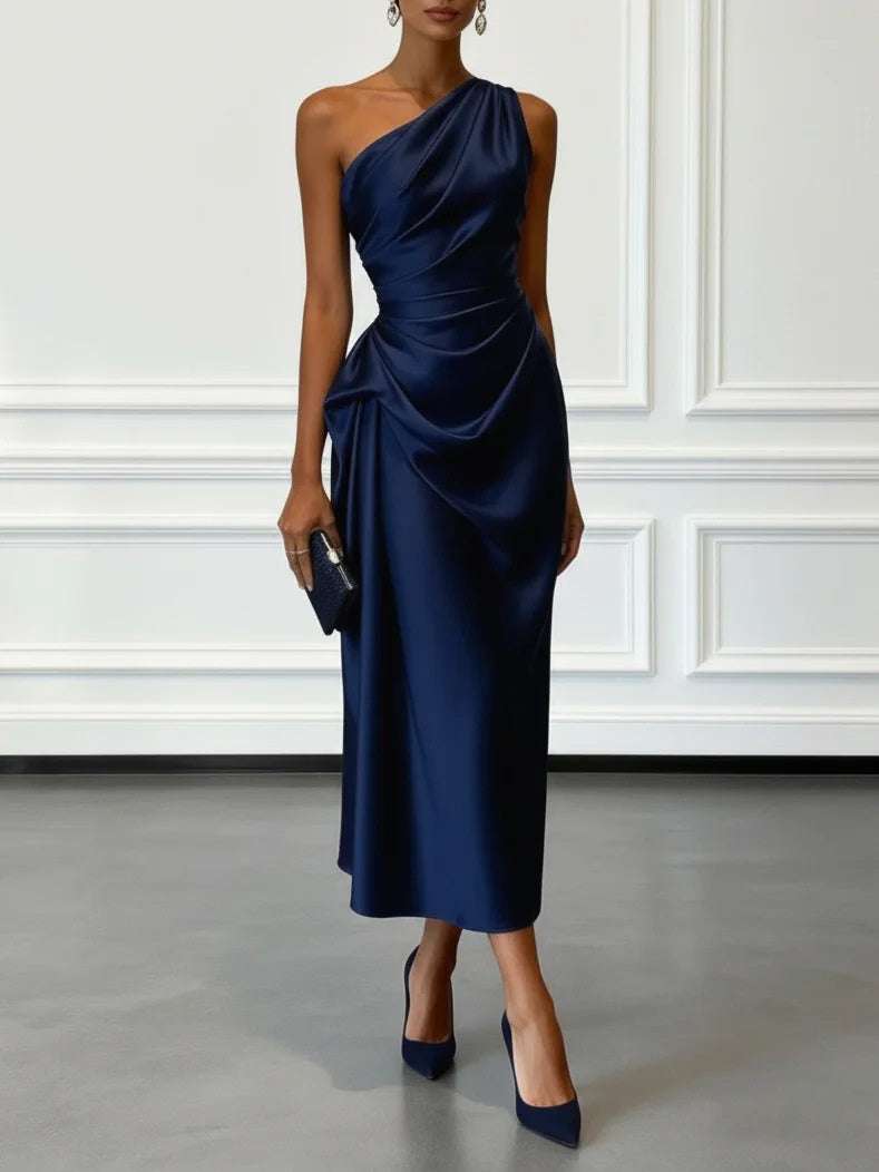 Off-the-shoulder Satin Pleated Maxi Dress
