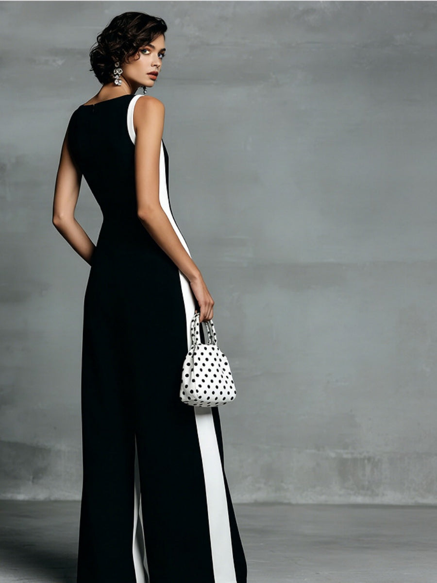 Black And White Cotton Linen Color-blocked Spaghetti Strap Jumpsuit