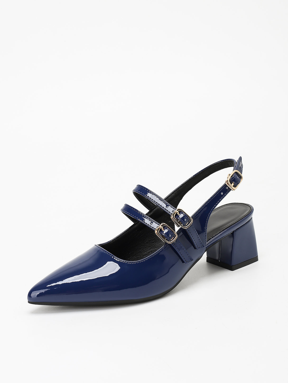 Metal Buckle Pointed Toe Open Back Chunky Heel Mary Jane Shoes
