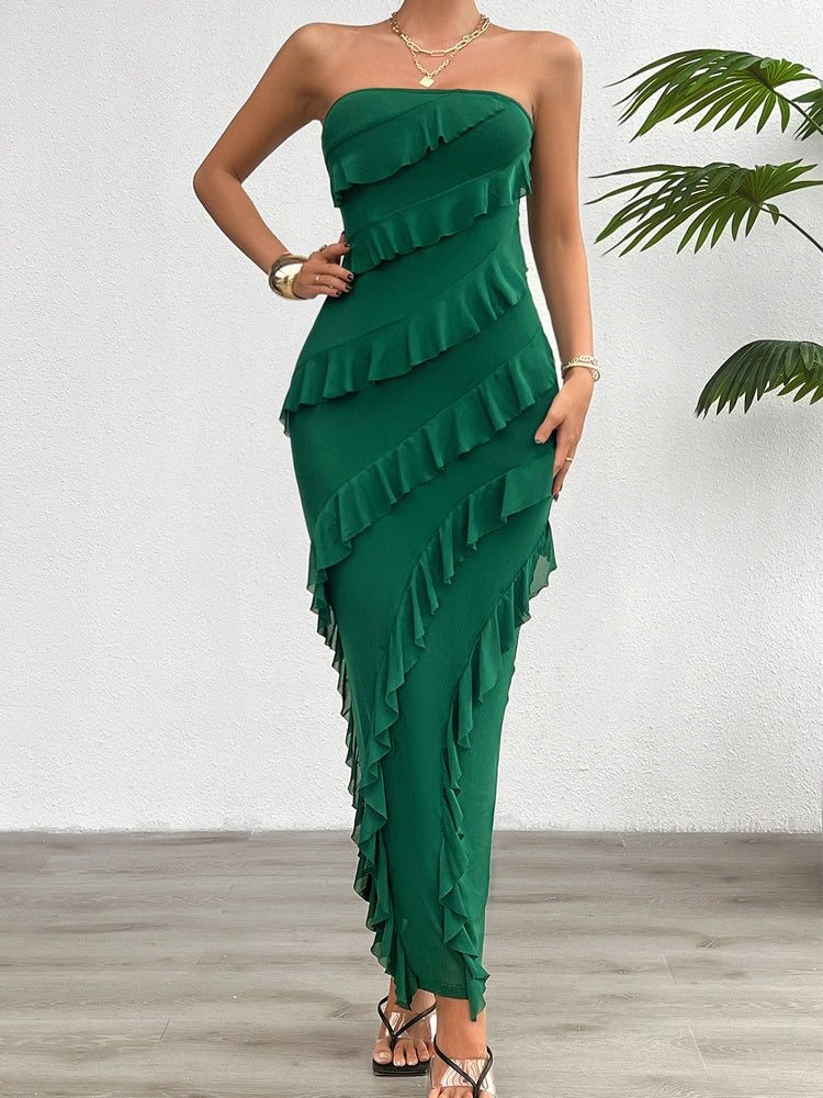 Hip Slim Fit Ruffle Solid Color Strapless Top Maxi Dresses