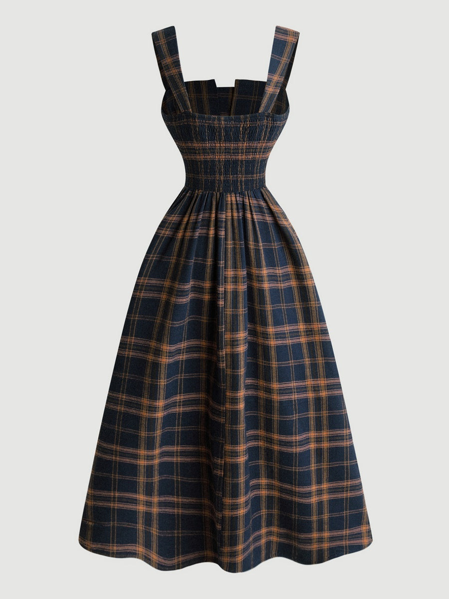Plaid Camisoles Retro Waist Shaping Big Swing Midi Dresses