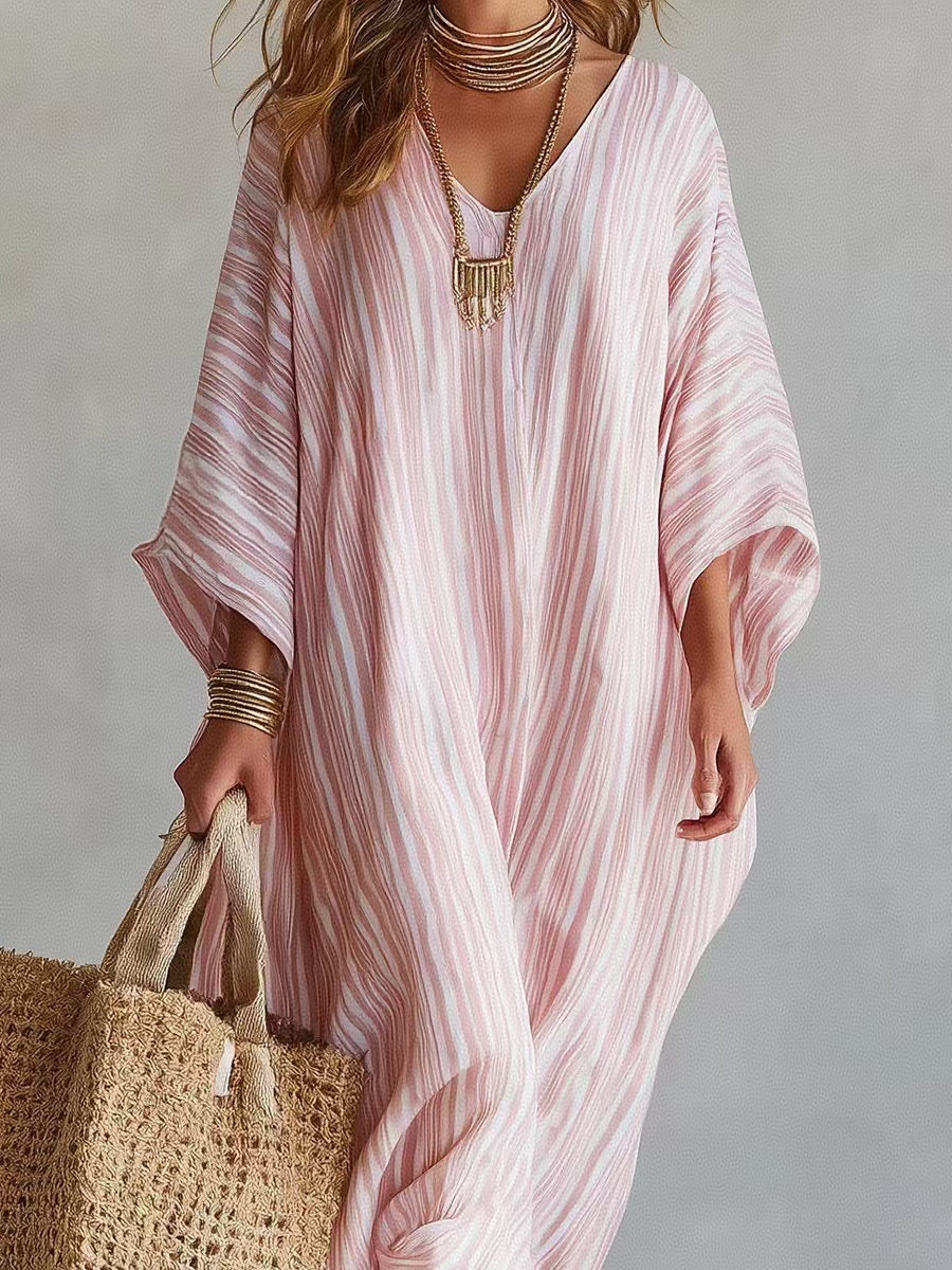 Striped Digital Print V-neck Three-quarter Sleeve Long Dress